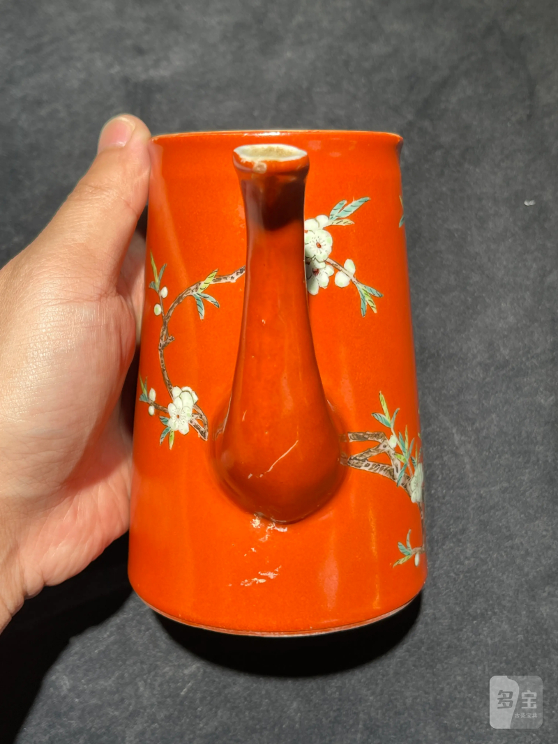 清咸丰 珊瑚红地粉彩花鸟纹执壶 - 图6